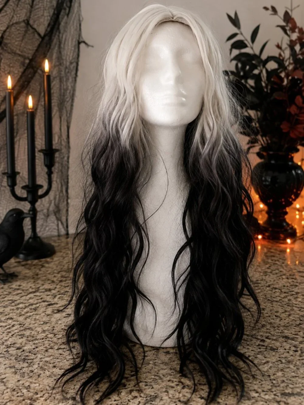 Long Black White Ombre Wavy Halloween Wig Witch Costume Cosplay